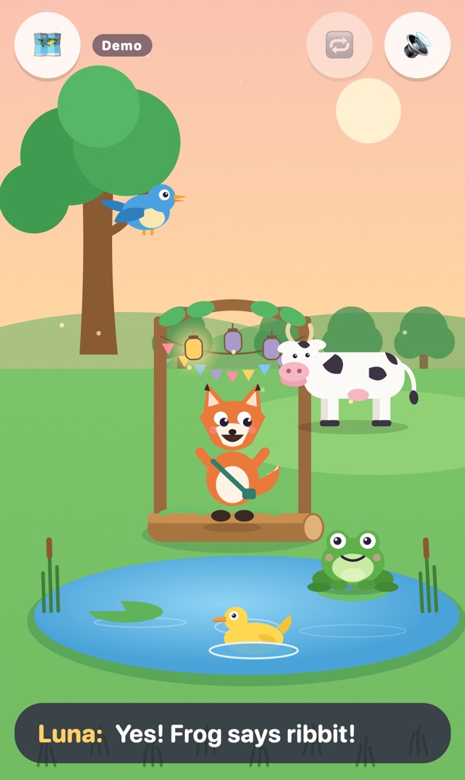 The Forest Concert lesson on a phone: a frog has jumped onto the stage and a lantern is lit