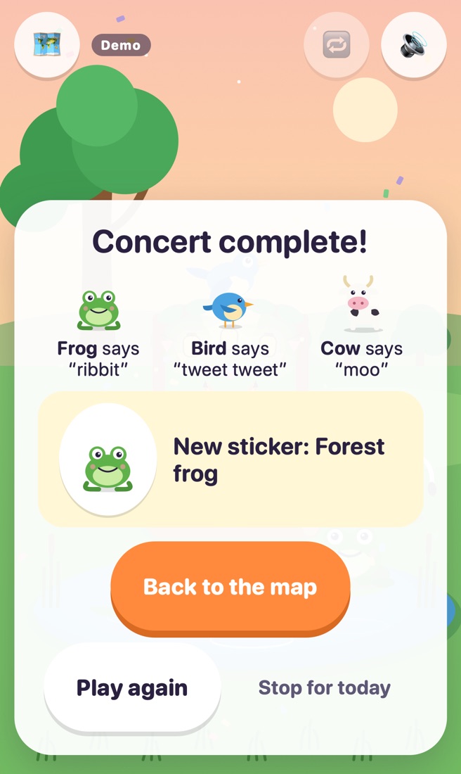 The ending card showing what was learned and a new sticker